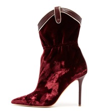 Bota ankle boot feminina veludo vermelho vinho sexy, calçado bico fino de cano alto em veludo, slip-on na moda, sapatos curtos para palco, primavera 2024 - compre barato
