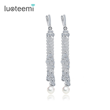 LUOTEEMI Brincos Grandes White gold Color Trendy Tiny CZ Crystal Imitation Pearl Long Tassel Earrings for Statement Jewelry 2024 - buy cheap
