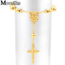 Moorvan 22cm*8mm beads rosary Bracelet For Men,cross Catholic church Stainless steel jewelry classical style,VRN20 2024 - buy cheap
