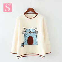 STVY 2018 Autumn Women Sweaters Cat Printed O-neck Long Sleeve Loose Knitting Sweaters Women Elegant Pullovers Warm Knitwear 2024 - buy cheap