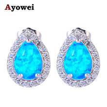 Water Drop Style Blue Fire Opal Silver Stamped Stud Earrings for Girls Wholesale & Retail Zirconia Fashion Jewelry OE569A 2024 - buy cheap