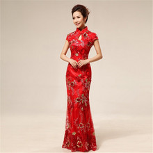Китайская традиционная одежда, вышивка, Cheongsam, свадебные платья русалки, короткий рукав, блестки, длинный Ципао, красный цвет 2024 - купить недорого