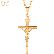Colar de cruz u7 p327 com crucifixo jesus, jóias para homens e mulheres, presente de natal, dourado, tendência por atacado 2024 - compre barato