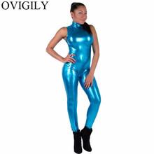 OVIGILY Women's High Neck Shiny Metallic Unitard Girls Wet Look Spandex Catsuits Zip One Piece Dance Wear Sexy Tights Costumes 2024 - buy cheap