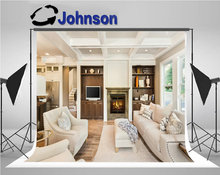 living room Coffered Ceiling Roaring Fire Fireplace window backgrounds  High quality Computer print wall backdrop 2024 - buy cheap