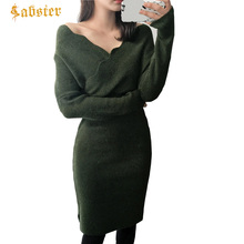 Платье-Свитер женское, Осеннее/зимнее, сексуальное, с треугольным вырезом, однотонное, трикотажное, офисное 2024 - купить недорого