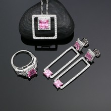 Square 925 Silver Jewelry Sets Pink And White Cubic Zirconia For Women Wedding Accessories Earrings Pendant Rings Necklace Set 2024 - buy cheap