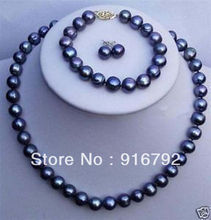 Conjunto de pendientes y pulsera de perlas de agua salada, conjunto de collar negro, venta al por mayor, envío gratis,> 7-8MM 2024 - compra barato