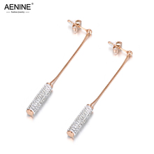 AENINE Shiny Cylinder Crystals Inlayed Stainless Steel Earrings Trendy Rose Gold Jewelry Anniversary Gift For Women Lady AE18106 2024 - buy cheap