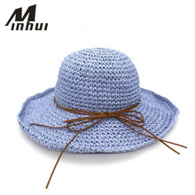 Minhui Bowknot Straw Hats for Women Summer Beach Fashion Sun Hat Floppy Wide Brim Foldable Panama Chapeau Femme Wide Brim Hat 2024 - buy cheap