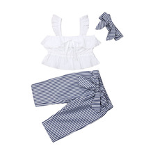 Focusnorm модные 3 шт. одежда для малышей детей девочек жилет топы + полосатые брюки с бантом Повседневная летняя одежда наряд 2024 - купить недорого