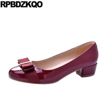 Designer Chunky Wine Red Footwear Kawaii Size 33 Ladies Mid Heels Shoes 2021 Low Big Round Toe Patent Leather Thick Bow Black 2024 - buy cheap