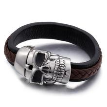 Granny Chic Men Genuine Leather Bracelets Rock Punk Silver Color Skull Stainless steel Buckle Charms Cuff Bracelets Bangles 2024 - buy cheap