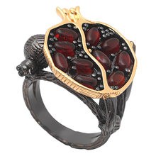 Hainon Vintage Round Gold Color Natural Red Garnet Ring Crystal Rhinestone Leaf bague Pomegranate Jewelry Rings for Women 2024 - buy cheap
