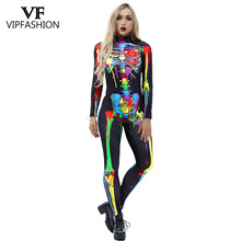 VIP FASHION New Cosplay Bodysuit Colorful Skeleton Printed Wicked Women's Halloween Costumes Queen of Halloween Jumpsuit 2024 - buy cheap