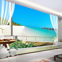 Papel de parede foto personalizada 3d, fundo de parede com janela estereoscópica 3d para praia, mar com fundo de parede de mural, não tecido 2024 - compre barato