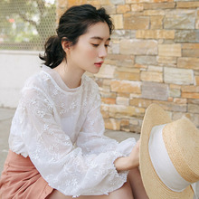 Elegant White Lace Blouse Shirt Korean Chic Flower Embroidery Feminine Blouse Women Long Puff Sleeve Autumn Tops Female 2024 - buy cheap