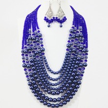 Alta azul bonito rodada shell simulado-pérola 7 linhas colar de pérolas brincos de cristal elegante casamentos venda quente conjunto de jóias B1308 2024 - compre barato