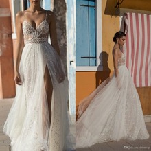 2019 Beach Wedding Dresses Side Split Spaghetti Illusion Sexy Boho Wedding Gowns Court Train Pearls Backless Bohemian Bride 2024 - buy cheap