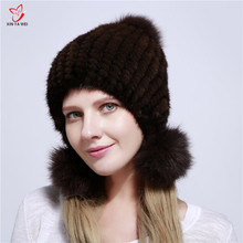 New Arrival Hot Bomber Hats For Women Winter Warm Ear Protector Cap Real Knitted Mink Fur With Fox Fur Pom Poms Female Hat 2024 - buy cheap