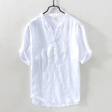 Хлопковые льняные рубашки с закатанными рукавами, мужские летние повседневные белые рубашки с длинным рукавом, Азиатские размеры 2024 - купить недорого