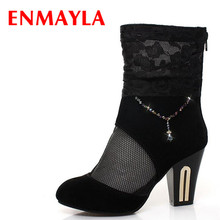 ENMAYLA Spring  Sexy High Heels Rhinestone Ladies Shoes Red Black Short Summer Boots Women  Suede Patchwork Lace Hollow Boots 2024 - buy cheap