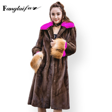 Ftangaiur 2021 Winter Import Velvet Mink Fur Coat Turn-Down Collar Full Fox Sleeve Slim Women X-Long Real Mink Fur Coats 2024 - buy cheap