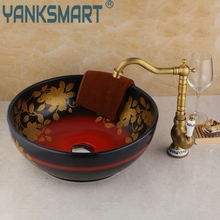 YANKSMART Ceramic Wash Basin Vessel Sink With Antique Brass Bathroom Faucet Leaf Pattern Counter Top Wash Basin Bathroom Sinks 2024 - buy cheap
