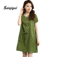 Saiqigui 2019 Summer short Sleeve Pockets women dress casual loose A-Line Solid cotton Linen dress o-neck vestidos de festa 2024 - buy cheap