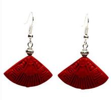 Perfect Red Fan Carved Cinnabar Earrings, Fashion Women's Carved Lacquerware Jewelry, S925 Silvers Dangle Earring .C-33 2024 - buy cheap