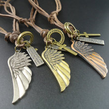 New Christmas Gift Long Genuine Leather Men Jewelry  Angel Wings Pendant Vintage Fashion Necklaces For Women 2014 2024 - buy cheap