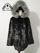 New genuine natural mink fur coat with sliver fox fur hood women fashion long jacket outwear black color custom any size 2024 - buy cheap