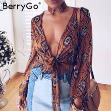 BerryGo Print v neck chiffon blouse shirt Women summer long sleeve crop top blouse 2019 Sexy streetwear bow female blouse blusas 2024 - buy cheap