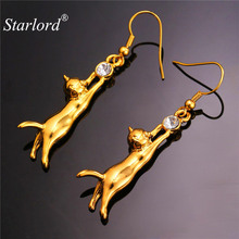 Cat Earrings Dangle Lovely Girls Gold Color Rhinestone Fashion Jewelry For Women Trendy Cute Cat Drop Earrings E644 2024 - buy cheap