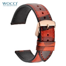 WOCCI-Correa de reloj de cuero de vaca de camuflaje para hombre, 18mm, 20mm, 22mm, marrón, reloj rojo con cinturón de hebilla dorado rosa 2024 - compra barato