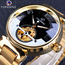 Forsining relógio criativo dourado de aço inoxidável, relógio masculino de luxo marca superior, relógio de pulso automático de esqueleto, luminoso, 2017 2024 - compre barato