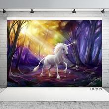 Fondos fotográficos de unicornios, cuadros de bosque, vinilo, estudio fotográfico para niños, fotomatón, decoración para fiesta de cumpleaños 2024 - compra barato