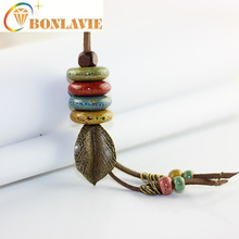 2018 Hot Sell Ceramic Sweater Chain Necklace Woman Ethnic Style Hemp Rope Colorful Stones Leaf Long Necklace Jewelry Accessories 2024 - buy cheap
