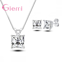 Solid 925 Sterling Silver Geometric Shiny Square Crystal Necklace Stud Earrings Jewelry Sets For Woman Girls Lady Hot Sell 2024 - buy cheap