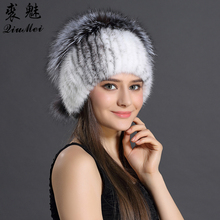 Qiumei chapéu feminino russo, pelo de vison, retalhos grossos, em 6 cores, de malha com pompom, de raposa, para moças de luxo 2024 - compre barato