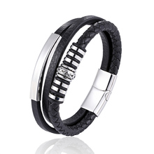 Pulseira masculina de couro, bracelete de couro, trançado preto, com múltiplas camadas, corrente de corda, fecho magnético de aço inoxidável, jóias para presente 2024 - compre barato