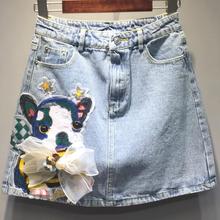 Plus size 3XL spring summer new fashion women sequins flower embroidered high waist short jeans skirt a-line 2024 - buy cheap