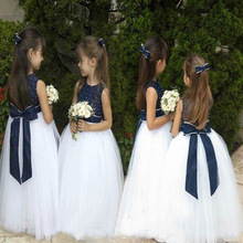 Vestidos de flores azul marino para niña, vestidos de primera comunión esponjosos de tul blanco para bodas, vestidos de fiesta para desfile 2024 - compra barato