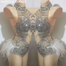 Sexy Perspective Dj Costume Sparkly Silver Rhinestones Feather Outfit Design Party Dj Female Singer Sexy Nightclub Dance Costume 2024 - buy cheap
