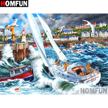 Алмазная 5d-вышивка HOMFUN A19616, картина «сделай сам» с полными квадратными/круглыми стразами, «лодка, морской дом», вышивка крестиком, домашний декор 2024 - купить недорого