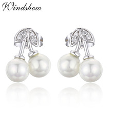 Cute White Gold Color pave CZ White Faux Pearls Double Cherry Stud Earrings For Women Girls Kids Jewelry Gift Allergy Free Aros 2024 - buy cheap