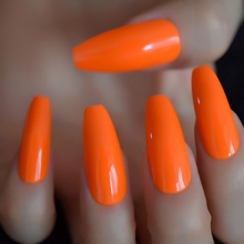 Hot Neon Orange Long Coffin Nails Amazing Glossy gel Polish Cover Extra Long Ballerina Fake Nails 24 Ct 2024 - buy cheap