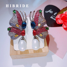 HIBRIDE Trendy Butterfly Shape AAA Cubic Zirconia Big Stud Earrings Long Pendant Wedding Party Asymmetric Fashion Jewelry E-551 2024 - buy cheap