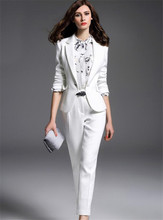 White Notch Lapel Business Formal PantSuits Women 2019 Elegant Full Sleeve Jacket Long Pants 2 Pieces Suit Female Pantsuit 2024 - buy cheap