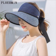 PLOWEMIN Fashion Straw Sun Hat Foldable Empty Top Hats Women Summer Travel Sunscreen Hats Wide Brim Bowknot Beach Caps 2024 - buy cheap